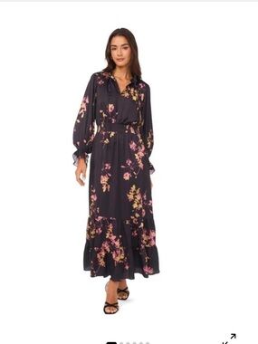 HOT! Vince Camuto Floral Long Sleeve Black Maxi Dress with Pink Accents!